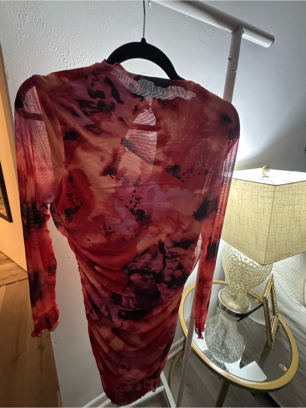 Ruched Long-Sleeve Pink Tie-Dye Mesh Dress